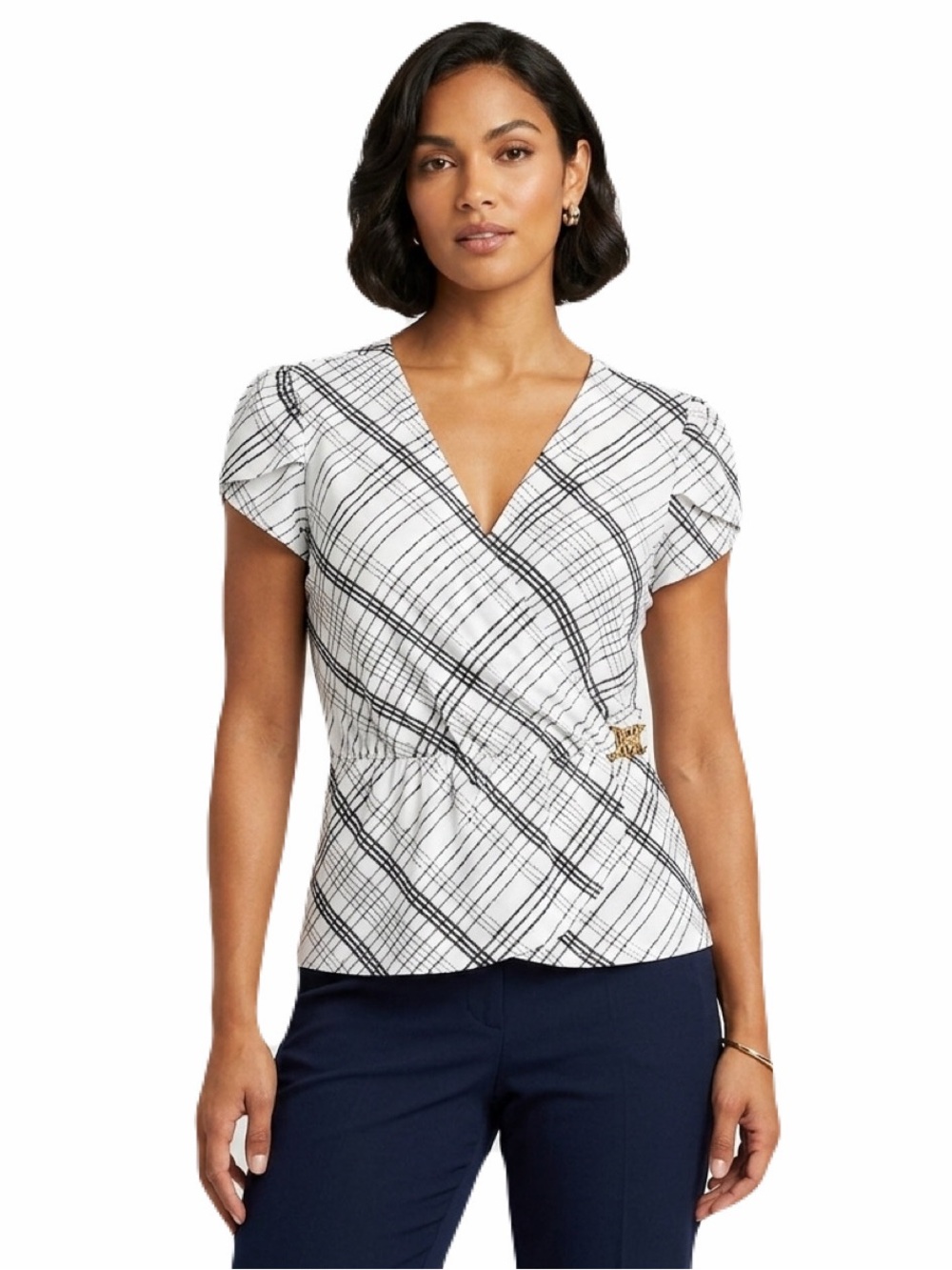 AUW Woman’s Black & White Kris Kross Striped Side Tie Gold Hardware Blouse Large